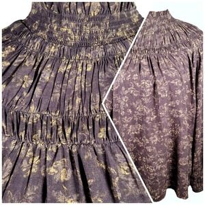 Bishop Neck Blouse Brown M Smocked Renaissance‎ Victorian Romantic High Neck